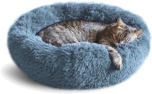 Whiskers & Friends washable round calming cat bed in navy grey