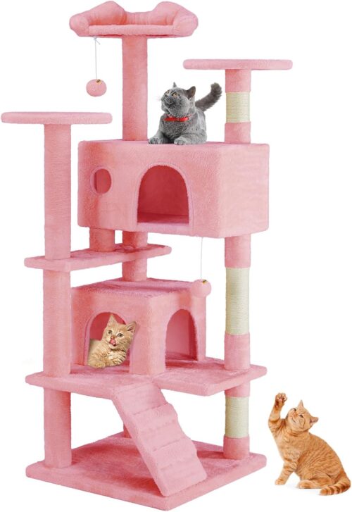Sweetcrispy 54 inch multi-level pink cat tree tower with climbing ladder