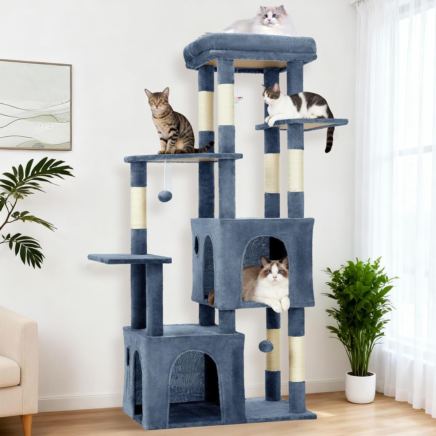 61.4 inch large cat tree tower with sisal posts and two beds light blue