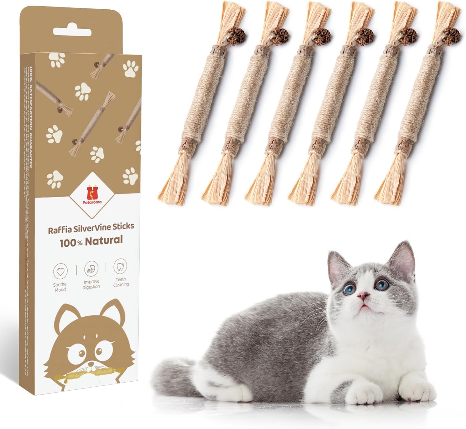 Potaroma 3 pack natural silvervine sticks cat dental chew toys