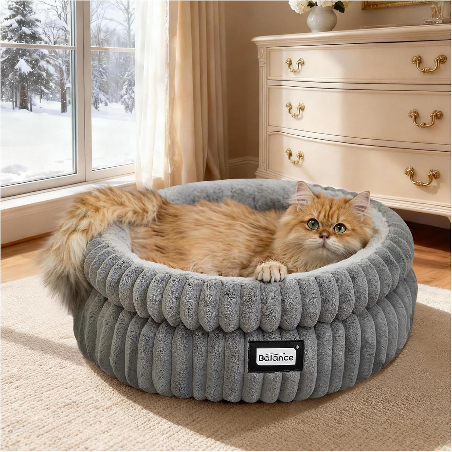 BALANCE Plush Round Calming Cat Bed Grey